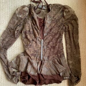 Kelle Brown Adult S Lace Jacket with Halter top unitard Leo shorts Dance Costume